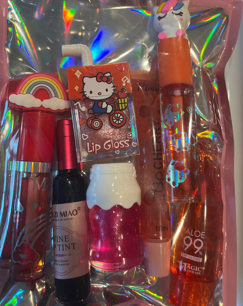 Red rainbow gloss, hello kitty gloss, red wine tint, pink shimmer gloss, unicorn lip gloss, color changing aloe lip oil