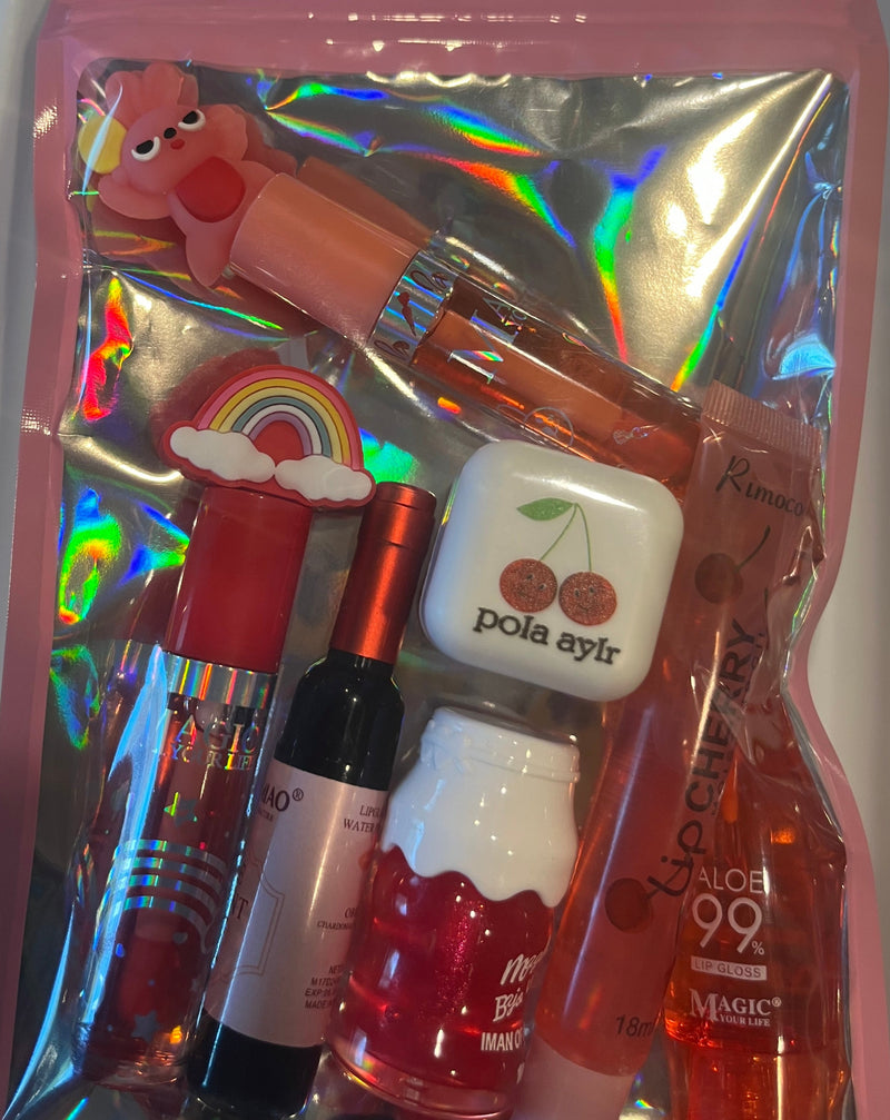 Red rainbow lip gloss, wine tint, pink shimmer gloss, color changing aloe lip oil, cherry lip oil, cherry lip balm