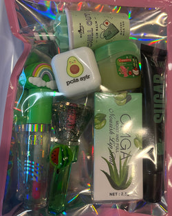 Green rainbow lip oil, avocado lip balm, watermelon fruit lip oil, aloe omga oil, apple sugar lip scrub, Mr. Crab lip balm, match green tea lip balm