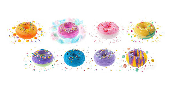 Set of eight donut bath bombs with multi colors and sprinkles made with plant based ingredients for a moisturizing bath soak