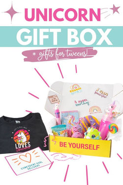 Kids Unicorn Gift Box with Bath Body Accessories Stickers Toys & More Confident Girls